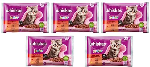 Whiskas Junior Hochwertiges Katzennassfutter Klassische Auswahl in Sauce mit Rindfleisch und Huhn, 20 Portionsbeutel, 5x4x85g für heranwachsende Katzen von 2 bis 12 Monaten von whiskas