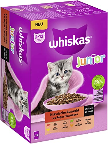 Whiskas Junior Katzenfutter Klassische Auswahl in Sauce, 12x85g (1 Packung) – Hochwertiges Nassfutter für heranwachsende Katzen von 2 bis 12 Monaten in 12 Portionsbeuteln von whiskas