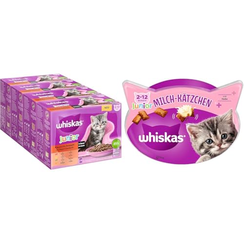 Whiskas Junior Nassfutter Klassische Auswahl in Sauce, 48x85g, für Katzen von 2-12 Monaten + Whiskas Junior Milch Katzensnacks, 6x55g von whiskas