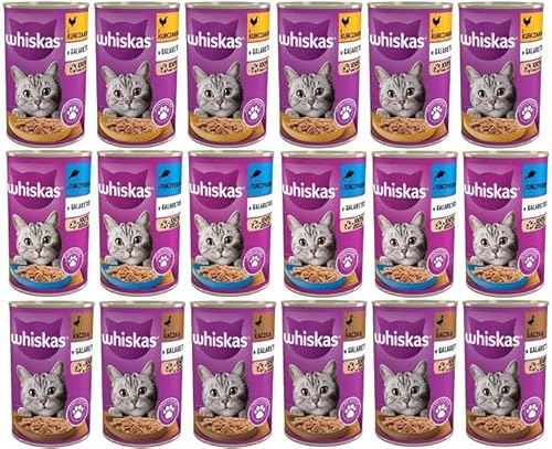 Whiskas Katzenfutter Adult 1+ Geschmacksmischung in Gelee mit Thunfisch, Huhn und Ente 18 Dosen (18 x 400g) von whiskas