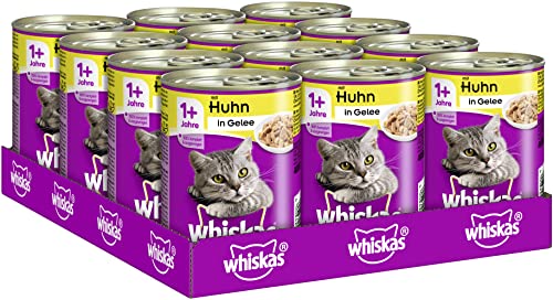 Whiskas Katzenfutter Nassfutter Adult 1+ mit Huhn in Gelee, 12 Dosen (12 x 400g) von whiskas