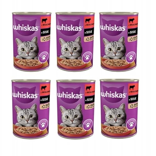 Whiskas Katzenfutter Nassfutter Adult 1+ mit Rindfleisch in Soße, 6 Dosen (6 x 400g) von whiskas