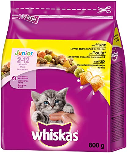 Whiskas Katzenfutter Trockenfutter Junior <1 für Kätzchen/Kitten mit Huhn, 5 Beutel (5 x 800g) von whiskas