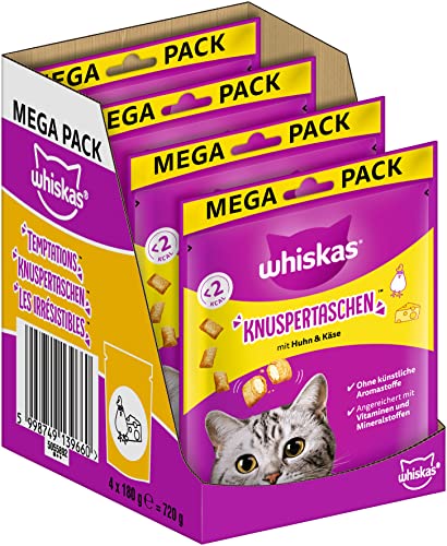 Whiskas Knuspertaschen Katzensnack mit Huhn– & Käsegeschmack, 4er Pack, 4x180g – Katzenleckerlis für erwachsene Katzen von whiskas