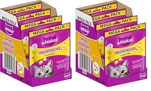 Whiskas Knuspertaschen Katzensnack mit Huhn– & Käsegeschmack, 8er Pack, 4x180g – Katzenleckerlis für Erwachsene Katzen von whiskas