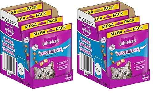 Whiskas Knuspertaschen Katzensnacks mit Lachsgeschmack, 4x180g (8 Packungen) - unterschiedliche Produktverpackungen erhältlich von whiskas