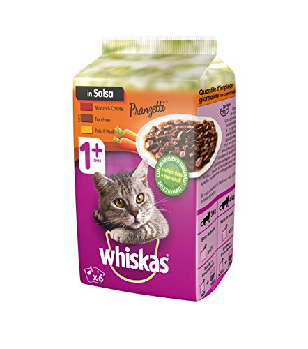 Whiskas Lebensmittel in Sauce 1+ Jahre 6 x 50 g, Katzenfutter mit Rind, Härte, Truthahn, Huhn und Erbsen - 12 Packungen (72 Stück insgesamt) von whiskas