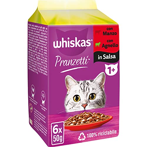 Whiskas Mittagessen Fleisch gemischt 1+ Erwachsene, Nassfutter für Katzen, 12 Packungen à 50 g (insgesamt 72 Stück) von whiskas