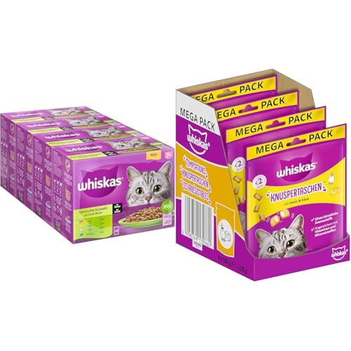 Whiskas Senior 7+ Nassfutter Gemischte Auswahl in Sauce, 48x85g, für Katzen ab 7 Jahren + Whiskas Crispy Bags Katzensnacks Huhn & Käse, 4x180g von whiskas