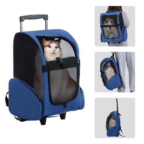 wicoanox Rolling Pet Carrier Pet Travel Backpack Bag with Double Wheels & Telescopic Handle Cat Puppy Dog Carrier, Pet Travel Carrier for Small Medium Cat Dog, Ideal for Hiking or Travel Royal Blue von wicoanox