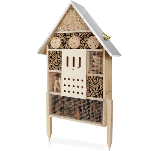 WILDLIFE HOME Insektenhotel XXL Stehend Bienenhotel mit Standfuß 79 cm & Metalldach I Groß Wildbienenhotel, Insektenhaus für Bienen, Marienkäfer & Schmetterlinge, fertiges Insektenhotel kein Bausatz von wildlife home