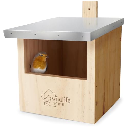 WILDLIFE HOME Vogel Nistkasten für Rotkehlchen, Rotschwänzchen & Halbhöhlenbrüter mit Metalldach I nach NABU aus verschraubtem Massiv-Holz I Wetterfest & Unbehandelt I Vogelhaus von wildlife home