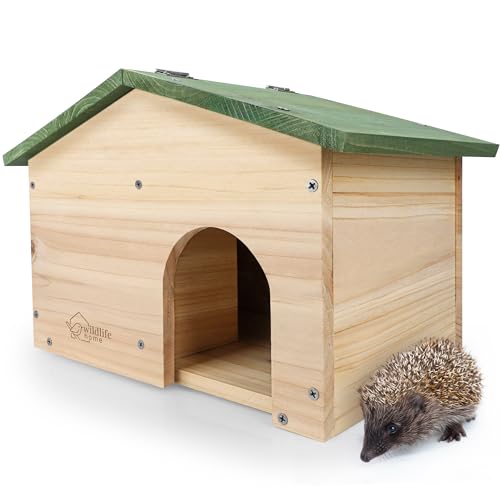 WILDLIFE HOME Igelhaus Winterfest aus Holz mit Boden & wetterfestem Satteldach I Igelfutterhaus I Katzensicher Igel Winterquartier für den Garten von wildlife home