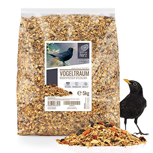 Wildtier Herz Wildvogelfutter mit Beeren und Früchte - Ganzjahresfutter für Wildvögel, Streufutter ohne Schale für Garten - Hanfsamen, Meisen- und Rotkehlchenfutter - 5kg von wildtier herz