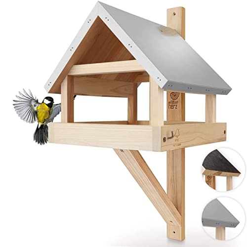 wildtier herz I XL Vogelhaus für die Wand mit wetterfestem Metall-Dach aus Massiv-Holz I Wandvogelfutterhaus für Vögel, Vogelfutterhaus zum Aufhängen (Silber) von wildtier herz