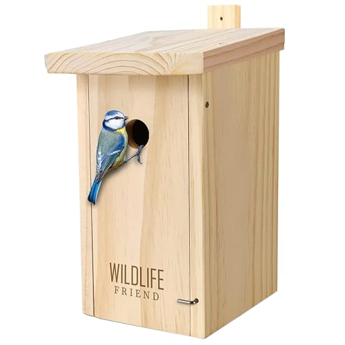 wildtier herz | Nistkasten Natur für Blaumeisen & kleine Meisenarten aus Massiv-Holz - verschraubt, unbehandelt, wetterfest, Vogelhaus für Meisen, Nisthilfe mit 28 mm Einflugloch von wildtier herz