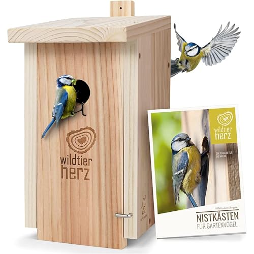 wildtier herz | Nistkasten Natur für Blaumeisen & kleine Meisenarten aus Massiv-Holz - verschraubt, unbehandelt, wetterfest, Vogelhaus für Meisen, Nisthilfe mit 28 mm Einflugloch von wildtier herz