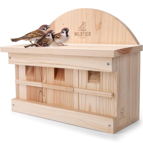 wildtier liebe Nistkasten für Spatzen, Sperlinge nach NABU - Spatzenhaus mit 3 Brutkammern aus Massiv-Holz I Sperlingsnistkasten, Vogelhaus, Vogel Spatzenkolonie - Nistkästen für Vögel von wildtier liebe