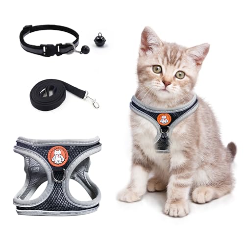 Katzengeschirr und Leine Set, Verstellbares Katzengeschirr mit Katzenleine und Katzenhalsband mit Glöckchen Reflexstreifen Weste Katzengeschirr Ausbruchsicher Kätzchengeschirr und Leine Set für kleine von winbest