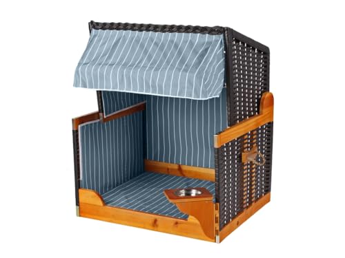 Woodtex Hundestrandkorb Kieferholz |Hundehütte anthrazit inkl. Schützhülle schwenkbarer Wasser-/Futternapf|Sonnenschutz Hunde und Katzen|Rattan Schwarz mit blau-weißen Nadelstreifen von woodtex