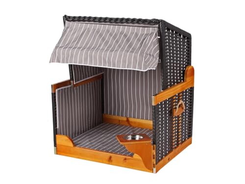 Woodtex Hundestrandkorb Kieferholz |Hundehütte anthrazit inkl. Schützhülle schwenkbarer Wasser-/Futternapf|Sonnenschutz Hunde und Katzen |Rattan Schwarz mit weißen Nadelstreifen von woodtex