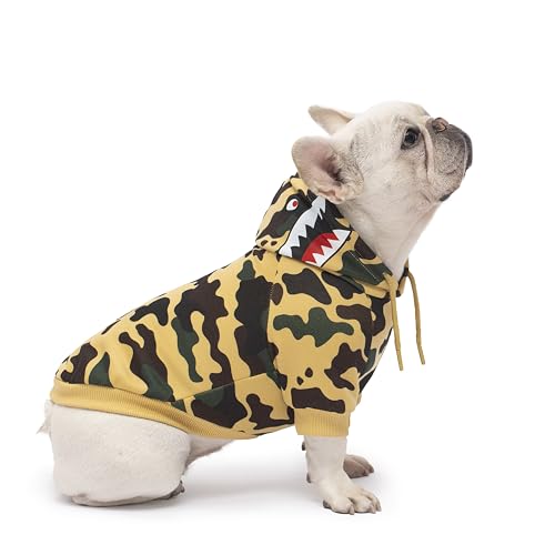 Camo Hunde-Kapuzenpullover, extra warmes Fleecefutter, dehnbare Passform für kleine, mittelgroße und große Hunde (Gelb, Größe M) von woof trails