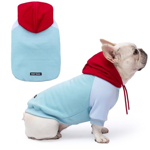 Woof Trails Colorblock-Hunde-Kapuzenpullover, extra warmes Fleecefutter, dehnbare Passform für kleine, mittelgroße und große Hunde (Rotblau, L) von woof trails