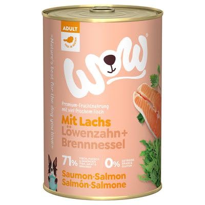 WOW Hundefutter nass Adult mit Lachs, 6X 400g I reichhaltiges Nassfutter für ausgewachsene Hunde aller Rassen I beste Qualität mit viel Fisch, Löwenzahn & Brennnessel I hohe Verträglichkeit von wow