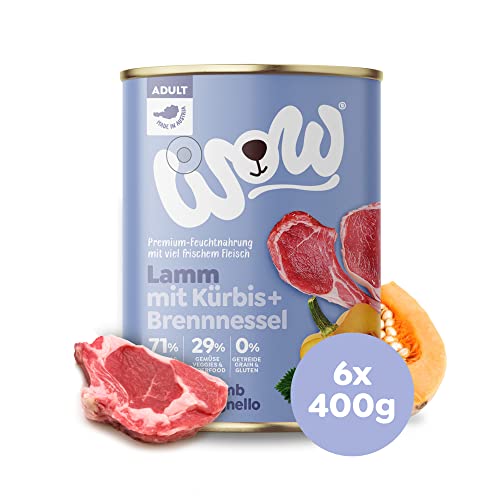 WOW Hundefutter nass Adult mit Lamm, 6X 400g I reichhaltiges Nassfutter für ausgewachsene Hunde Aller Rassen I Beste Qualität mit viel Fleisch, Kürbis & Brennnessel I hohe Akzeptanz & Verträglichkeit von wow