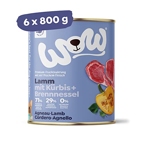 WOW Hundefutter nass Adult mit Lamm, 6X 800g I reichhaltiges Nassfutter für ausgewachsene Hunde Aller Rassen I Beste Qualität mit viel Fleisch, Kürbis & Brennnessel I hohe Akzeptanz & Verträglichkeit von wow