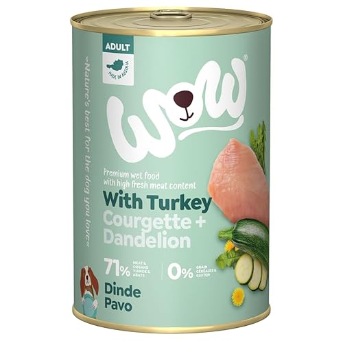 WOW Hundefutter nass Adult mit Pute, 6X 400g I reichhaltiges Nassfutter für ausgewachsene Hunde aller Rassen I beste Qualität mit viel Fleisch, Zucchini & Löwenzahn I hohe Akzeptanz & Verträglichkeit von wow