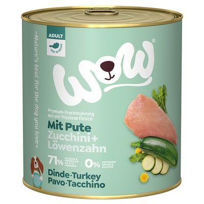 WOW Hundefutter nass Adult mit Pute, 6X 800g I reichhaltiges Nassfutter für ausgewachsene Hunde aller Rassen I beste Qualität mit viel Fleisch, Zucchini & Löwenzahn I hohe Akzeptanz & Verträglichkeit von wow