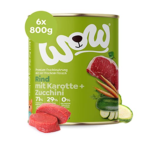 WOW Hundefutter nass Adult mit Rind, 6X 800g I reichhaltiges Nassfutter für ausgewachsene Hunde Aller Rassen I Beste Qualität mit viel Fleisch, Karotte & Zucchini I hohe Akzeptanz & Verträglichkeit von wow