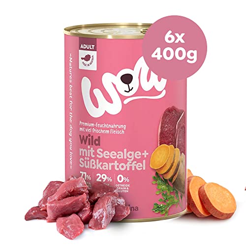 WOW Hundefutter nass Adult mit Wild, 6X 400g I reichhaltiges Nassfutter für ausgewachsene Hunde aller Rassen I beste Qualität mit viel Fleisch, Seealge & Süßkartoffel I hohe Verträglichkeit von wow