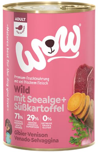 WOW Hundefutter nass Adult mit Wild, 6X 800g I reichhaltiges Nassfutter für ausgewachsene Hunde Aller Rassen I Beste Qualität mit viel Fleisch, Seealge & Süßkartoffel I hohe Verträglichkeit von wow