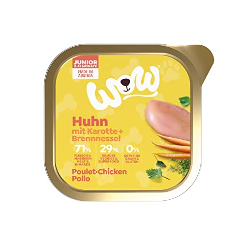 WOW Hundefutter nass Junior mit Huhn, 11x150g | reichhaltiges Nassfutter für Welpen aller Rassen I beste Qualität mit viel frischem Fleisch, Karotte & Brennnessel I hohe Akzeptanz & getreidefrei von wow