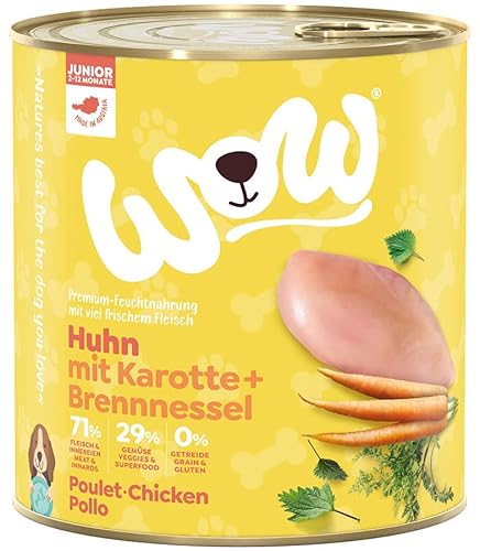 WOW Hundefutter nass Junior mit Huhn, 6x400g | reichhaltiges Nassfutter für Welpen Aller Rassen I Beste Qualität mit viel frischem Fleisch, Karotte & Brennnessel I hohe Akzeptanz & getreidefrei von wow