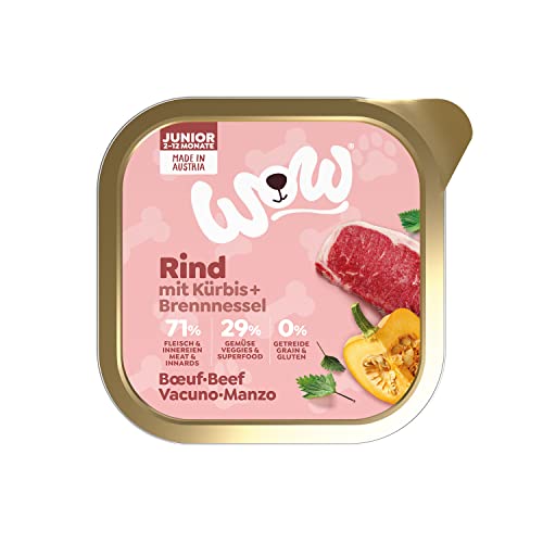 WOW Hundefutter nass Junior mit Rind, 11x150g | reichhaltiges Nassfutter für Welpen aller Rassen I beste Qualität mit viel frischem Fleisch, Kürbis I hohe Akzeptanz & getreidefrei von wow