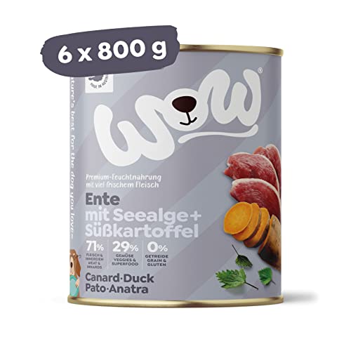 WOW Hundefutter nass Senioren mit Ente, 6x800g | reichhaltiges Nassfutter für ältere Hunde aller Rassen I beste Qualität mit viel Fleisch, Seealge & Süßkartoffel I getreidefrei & hohe Verträglichkeit von wow