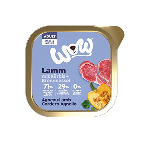 WOW Hundefutter nass Adult mit Lamm, 11x 150g I reichhaltiges Nassfutter für ausgewachsene Hunde aller Rassen I beste Qualität mit viel Fleisch, Kürbis & Brennnessel I hohe Akzeptanz & Verträglichkeit von wow