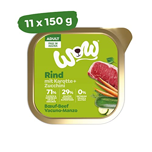 WOW Hundefutter nass Adult mit Rind, 11x 150g I reichhaltiges Nassfutter für ausgewachsene Hunde aller Rassen I beste Qualität mit viel Fleisch, Karotten & Zuccini I hohe Akzeptanz & Verträglichkeit von wow