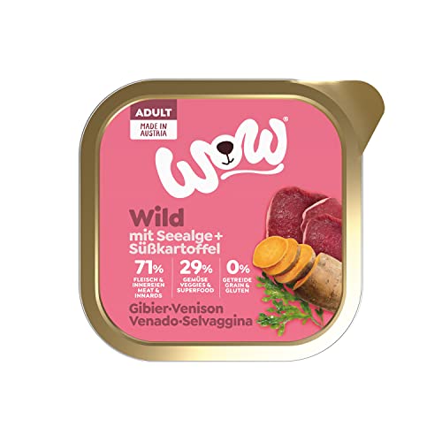 WOW Hundefutter nass Adult mit Wild, 11x 150g I reichhaltiges Nassfutter für ausgewachsene Hunde aller Rassen I beste Qualität mit viel Fleisch, Seealge & Süßkartofel I hohe Verträglichkeit von wow