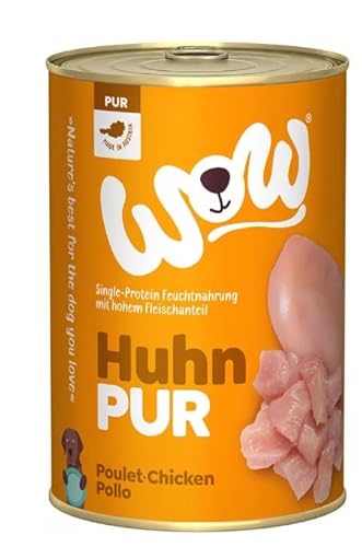 WOW PUR Protein Nassfutter mit Huhn 6X 400g | reichhaltiges Hundefutter für alle ausgewachsenen Hunderassen | Beste Qualität mit hohem Fleisch- & Innereienanteil I getreidefrei & hohe Verträglichkeit von wow