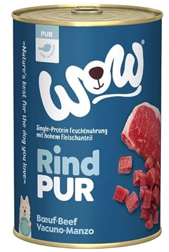 WOW PUR Protein Nassfutter mit Rind, 6x 400g | reichhaltiges Hundefutter für alle ausgewachsenen Hunderassen | beste Qualität mit hohem Fleisch- & Innereienanteil I getreidefrei & hohe Verträglichkeit von wow