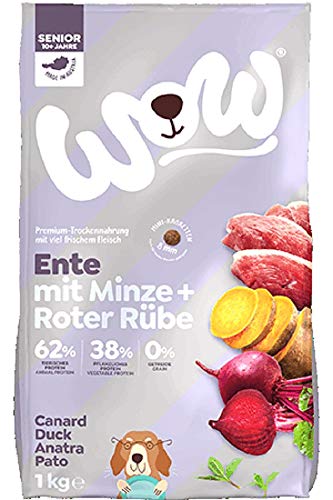 WOW Trockenfutter Senior mit Ente, 6X 1kg mit Mini Kroketten I Hundetrockenfutter für ältere Hunde Aller Rassen I Beste Qualität mit viel Fleisch, Minze & Rübe I hohe Akzeptanz & Verträglichkeit von wow