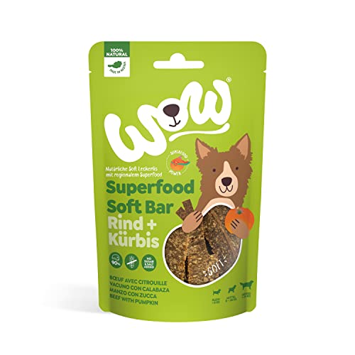 WOW Soft-Snacks I Bars Rind I Rindfleisch mit Kürbis für Hunde I 100% Natur I Nahrungsergänzung I Belohnung beim Spiel & Training (1x 150g) von wow