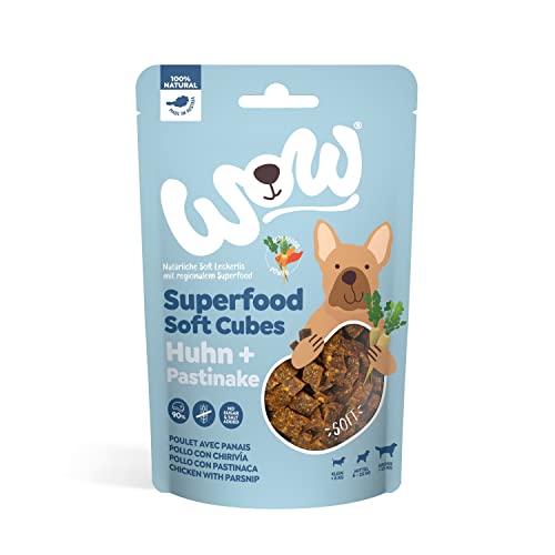 WOW Soft-Snacks I Cubes Huhn I Hühnerfleisch mit Pastinake für Hunde I 100% Natur I Nahrungsergänzung I Belohnung beim Spiel & Training (1x 150g) von wow