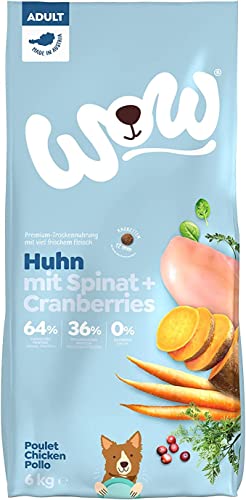 WOW Trockenfutter Adult mit Huhn, 12kg I Hundetrockenfutter für ausgewachsene Hunde Aller Rassen I Beste Qualität mit viel Fleisch und Spinat I getreidefrei & hohe Verträglichkeit von wow