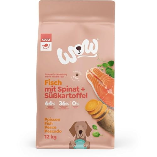 WOW Trockenfutter Adult mit Lachs, 12kg I Hundetrockenfutter für ausgewachsene Hunde Aller Rassen I Beste Qualität mit viel Fisch und Spinat I getreidefrei & hohe Verträglichkeit von wow