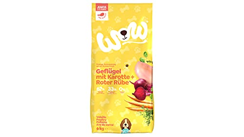 WOW Trockenfutter Junior mit Geflügel, 6kg I Hundetrockenfutter für Welpen Aller Rassen I Beste Qualität mit viel Fleisch, Karotte & roter Rübe I getreidefrei & hohe Verträglichkeit von wow